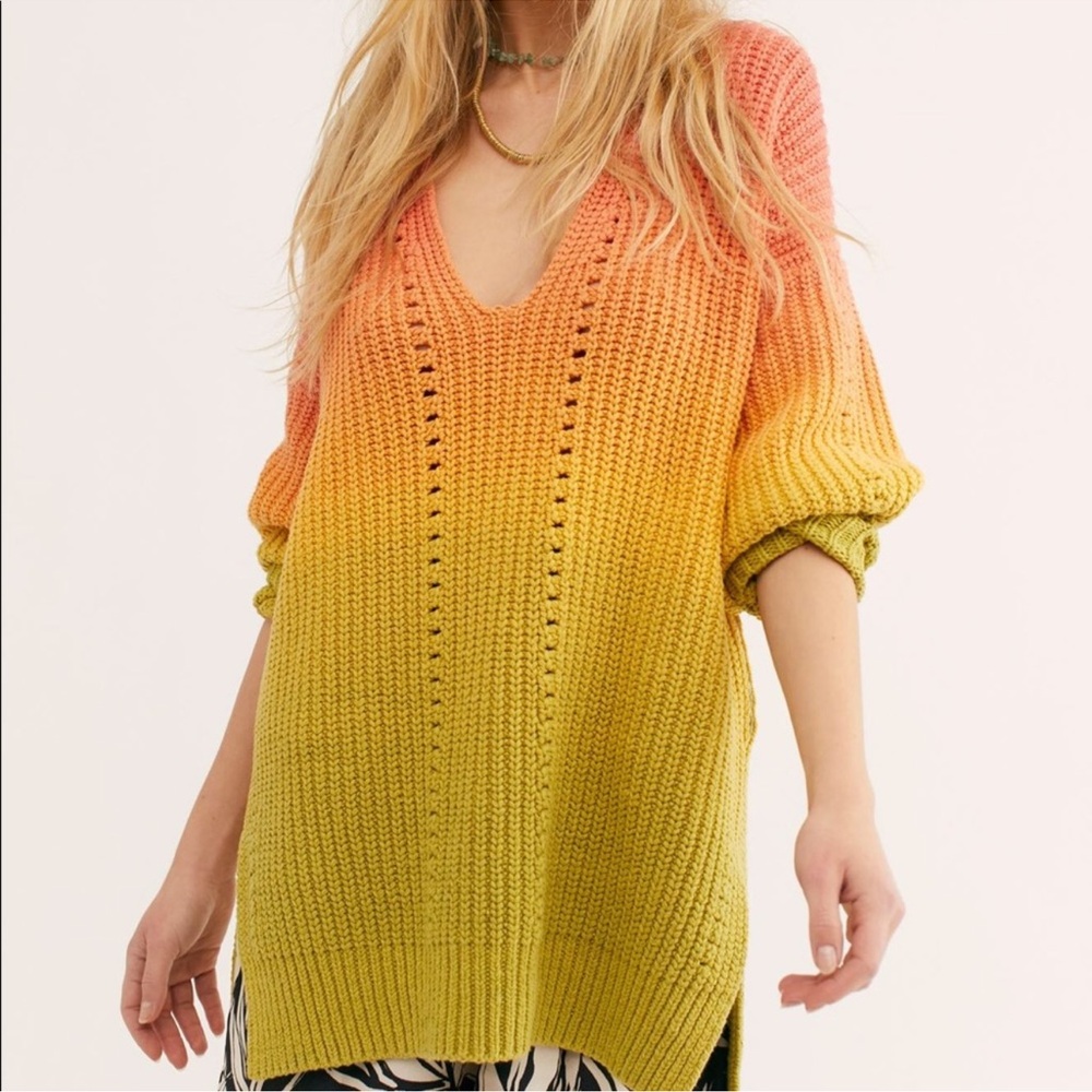 Free People Come Together Orange Green Ombré Vneck Tunic Sweater